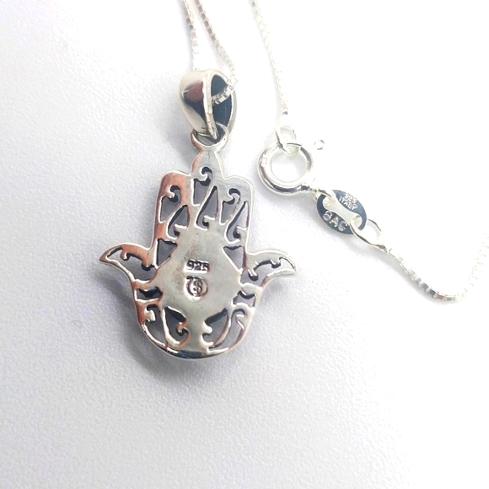 Sterling Silver Filagree Hamsa Hand Genuine Turquoise Pendant Necklace - ITALY - Picture 6 of 7